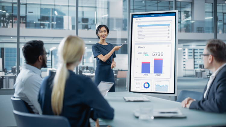 A corporate lady stands in front of a small group of people delivering a report of the company's performance through graphs and data.