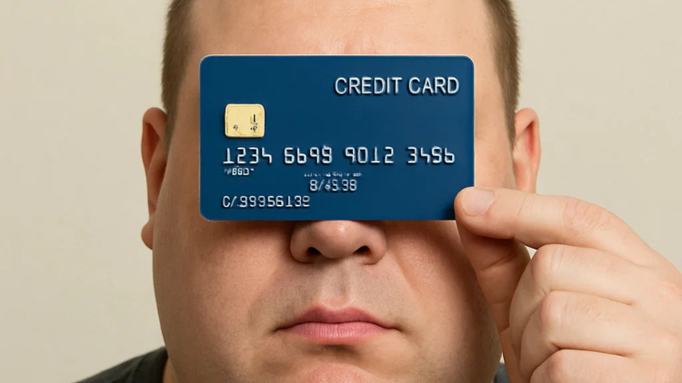 A man holds a blue credit card horizontally over his eyes, covering the upper part of his face while leaving his lower face visible.