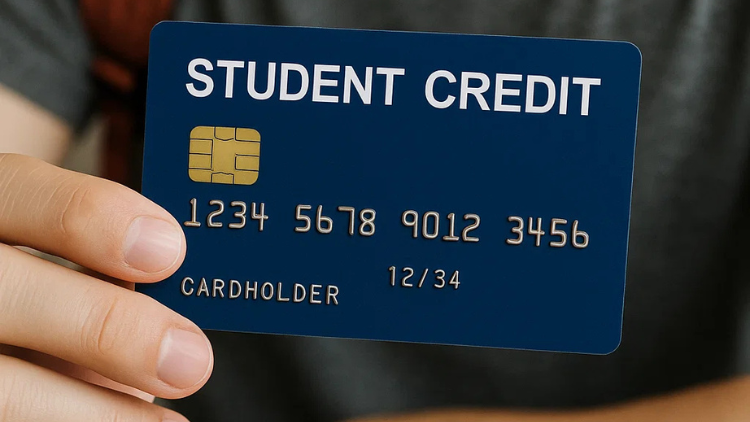 A person showing the face of a blue student credit card.