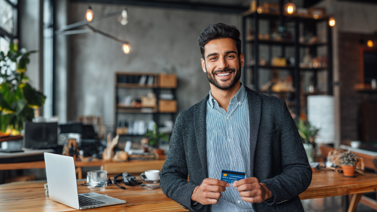 A confident young business owner in a modern office café smiles while holding a blue credit card, with a laptop and work items on a wooden desk in front of him and warm industrial décor in the background.