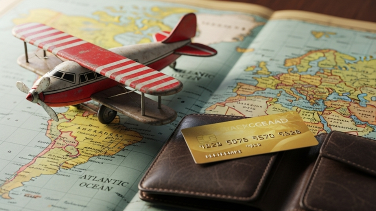 A small toy airplane sits on an open world map next to a brown leather wallet with a gold credit card on top.