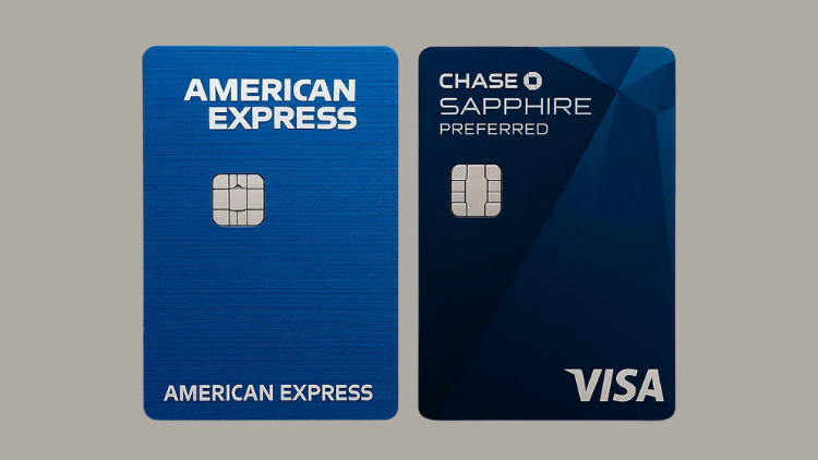 A side-by-side comparison shows an American Express card next to a Chase Sapphire Preferred Visa card.
