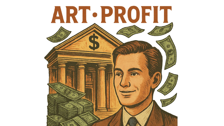 Vintage illustration of a businessman with dollar bills and a bank building symbolizing profit from art.