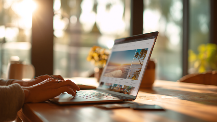 A person using a laptop to browse and book a tropical Hawaii vacation online.