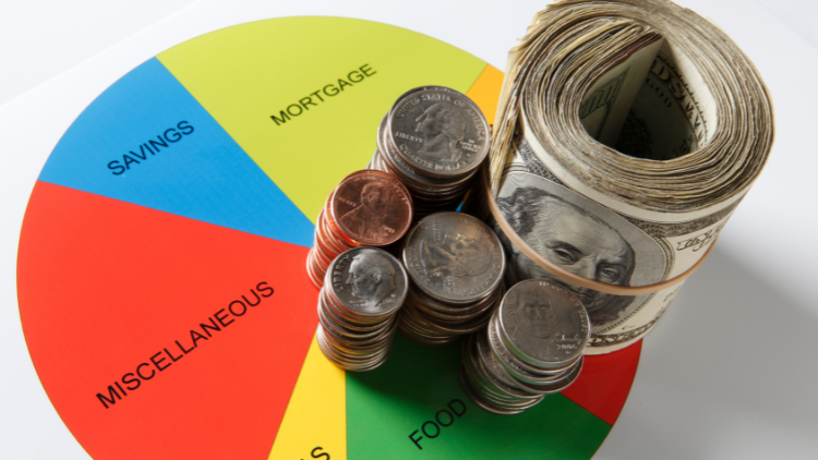 Stacks of coins and a roll of dollar bills sit on top of a colorful pie chart dividing expenses into savings, mortgage, food, and other categories.