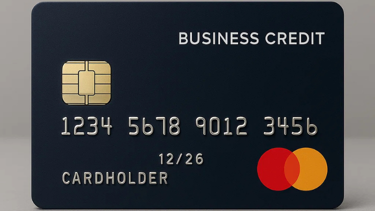 A dark-colored business credit card with embossed numbers, chip, and Mastercard logo is displayed against a neutral background.