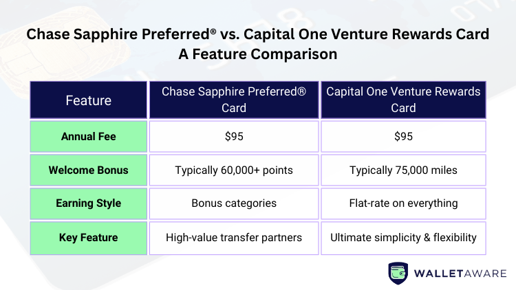 A side-by-side chart comparing the Chase Sapphire Preferred® and Capital One Venture Rewards cards by annual fee, welcome bonus, earning style, and key features.
