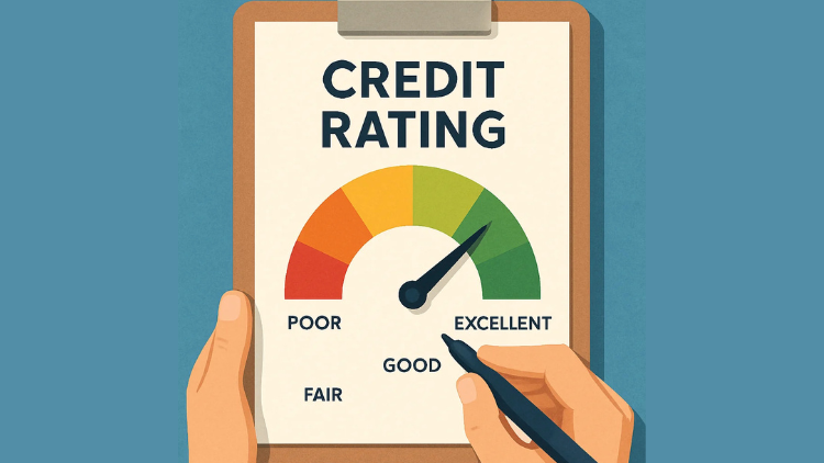 A clipboard displays a colorful credit rating gauge ranging from Poor to Excellent, with the needle pointing toward Excellent as a hand holds a pen near it.