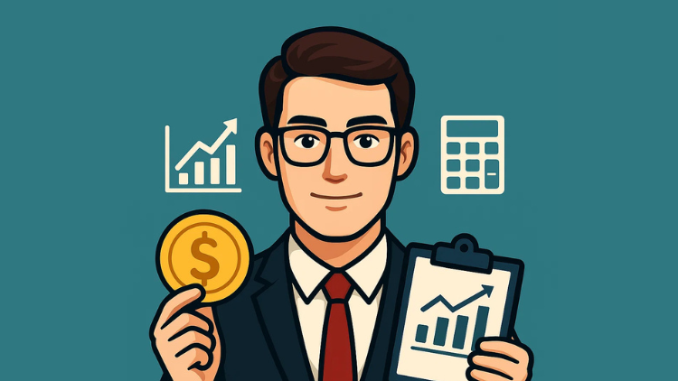 Illustration of a businessman holding a coin and a chart with rising graphs, representing understanding APR and interest rates for business credit cards.
