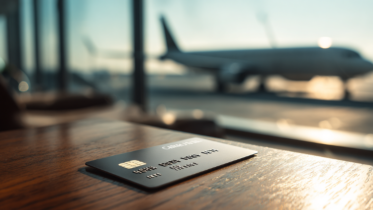 A travel rewards credit card rests on a wooden table with an airplane visible outside the airport window.