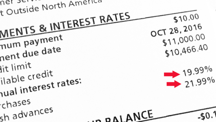 A close-up of a credit card statement showing annual interest rates of 19.99% and 21.99% highlighted with red arrows.