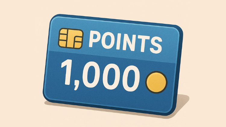Illustration of a blue card showing 1,000 points with a chip and gold coin symbol.