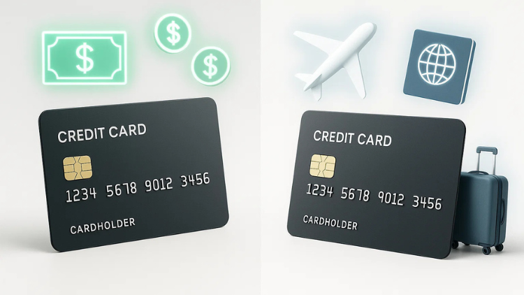 Two credit cards are displayed with icons of cash, coins, an airplane, and luggage to represent rewards and travel benefits.
