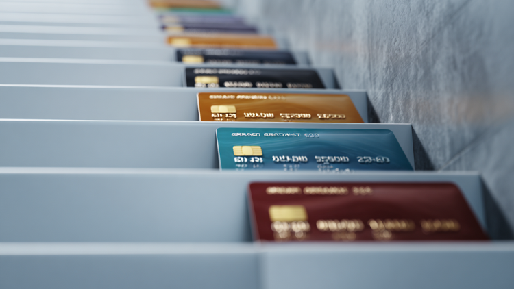 Multiple credit cards displayed in ascending order on steps, symbolizing the process of building credit.