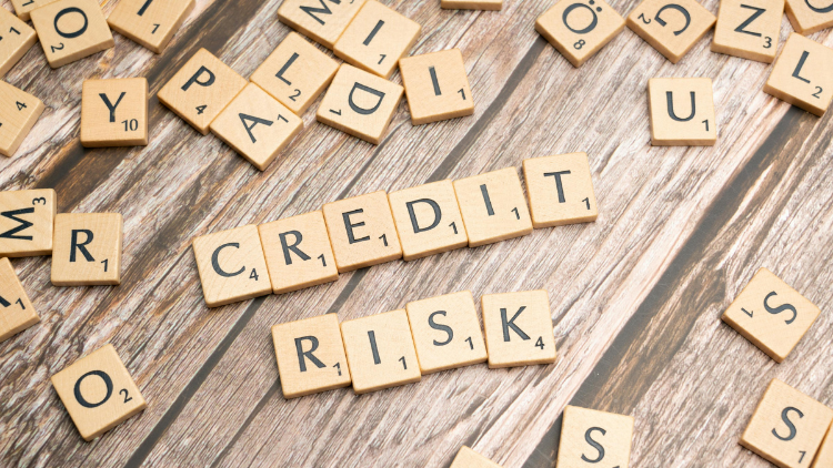 Wooden letter tiles spell out “credit risk” on a table, highlighting the financial risks linked with business credit card APR and fees.