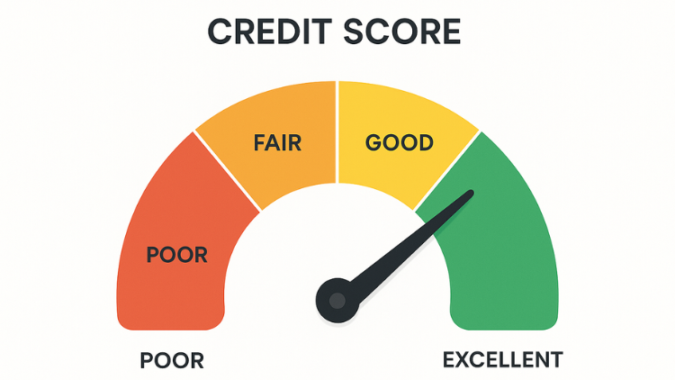 A color-coded infographic of credit score rating showing its different levels which include poor represented by red, fair by orange, good by yellow, and excellent by green.