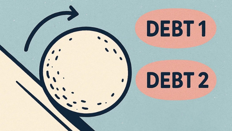An illustrated ball rolls downhill toward labels marked Debt 1 and Debt 2, symbolizing the snowball debt repayment method.
