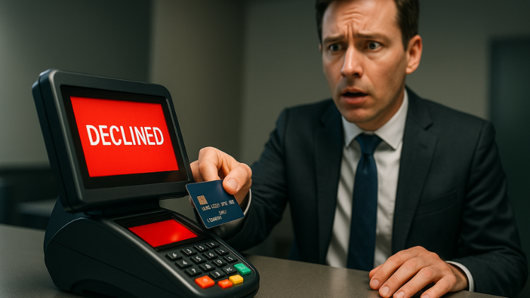 Businessman shocked at declined credit card payment on terminal.