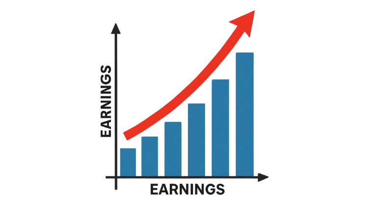 Upward trending bar chart with a red arrow showing consistent earnings growth.