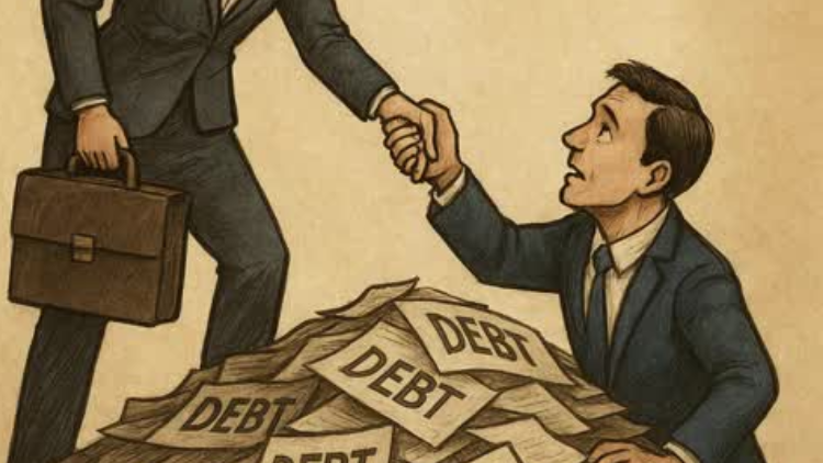 Illustration of a businessman offering a hand to another man surrounded by debt papers, symbolizing financial relief and support.