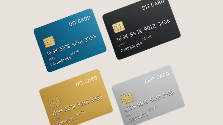 Four different samples of credit card in blue, black, gold, and silver against a white background.