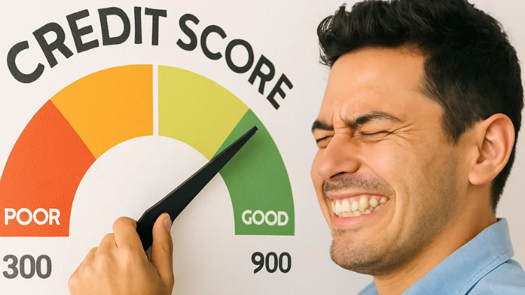 Smiling man points at a credit score gauge showing a strong rating in the good range.