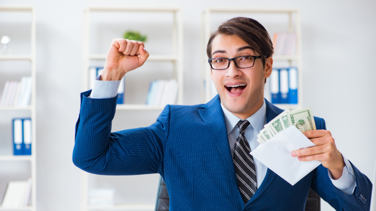 Excited businessman holding envelope and cash, symbolizing referral rewards and bonus points.