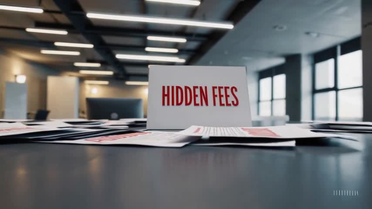 A stack of papers on an office desk with a bold sign labeled “Hidden Fees” in the center.