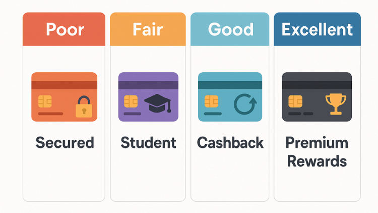 Infographic of credit score ratings showing its different levels which include poor, fair, good, and excellent and their benefits such as secured account, student benefits, cash back, and premium rewards.