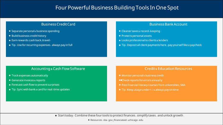 An infographic showing the four key tools for building powerful business which include business credit card, business bank account, accounting & cash flow software, and credit & education resources.