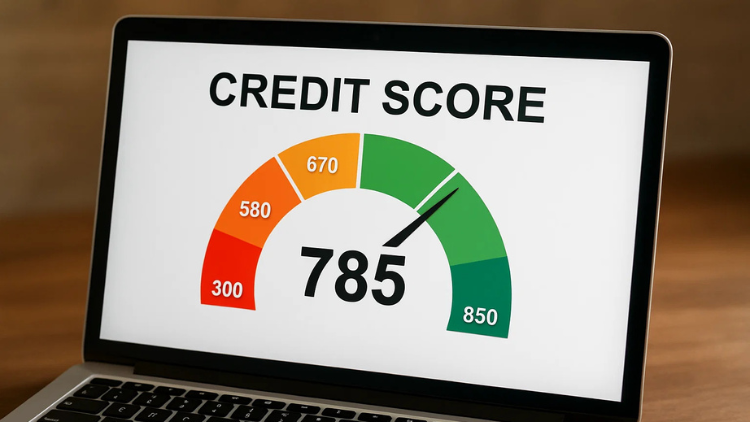 Laptop screen displaying a credit score of 785 with a gauge marked from poor to excellent.
