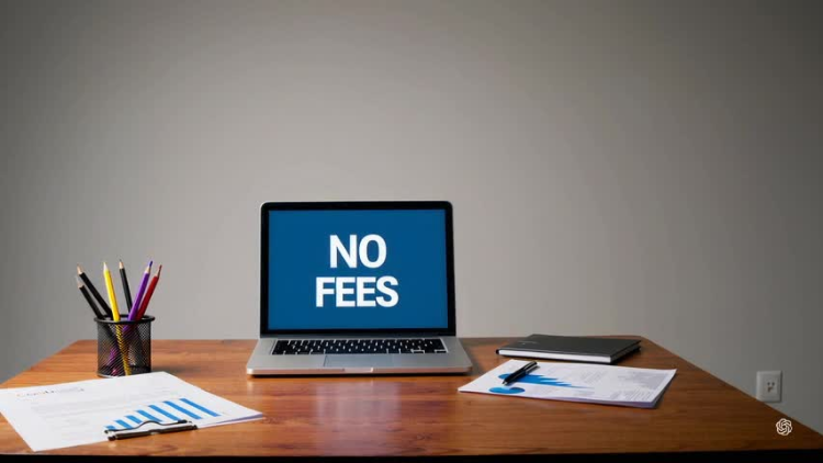 A laptop on a wooden desk displays the words “No Fees” on screen beside documents and pencils, symbolizing cost-free financial services.