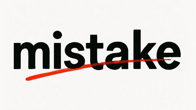The word "mistake" is displayed in bold black letters with a red line striking through it.