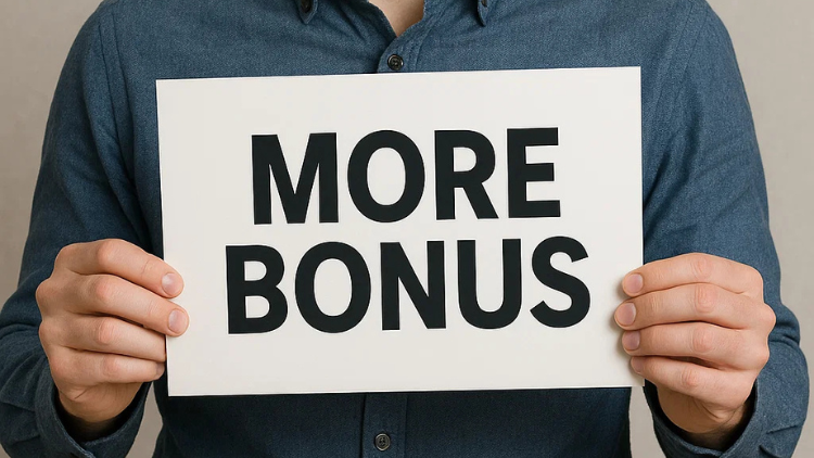 Person holding sign with text “More Bonus,” symbolizing extra points earned from referral programs.