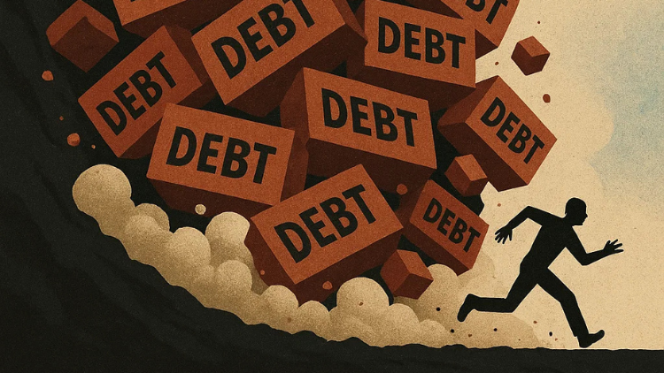 An illustration shows a person running away from a collapsing pile of blocks labeled with the word debt.