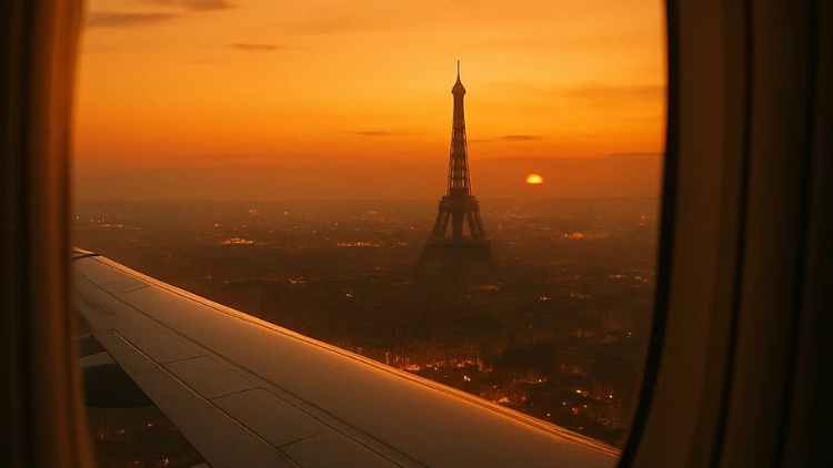 he Eiffel Tower is seen through an airplane window at sunset with the city skyline below.