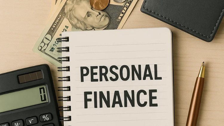 A notebook labeled “Personal Finance” is placed alongside cash, a calculator, coins, and a pen on a desk.
