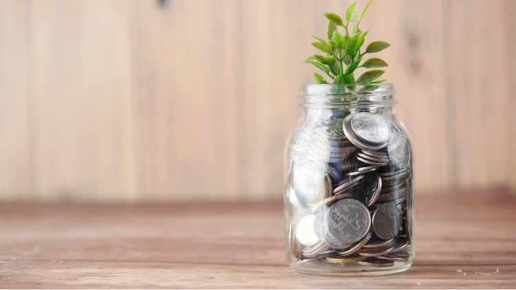 A glass jar filled with coins topped with a small green plant symbolizing financial growth.