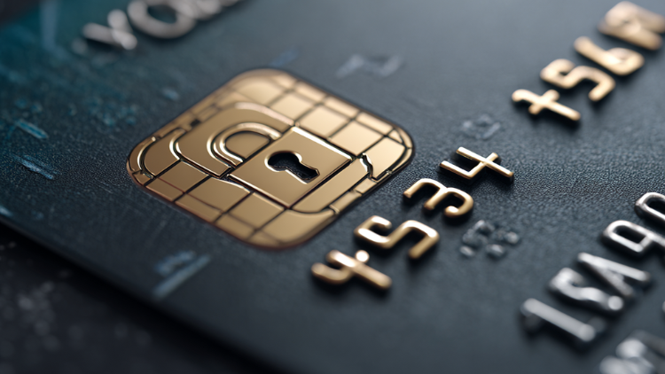 A macro shot of a credit card chip featuring a gold lock design symbolizing security and protection.