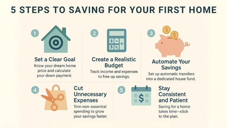An infographic outlines five steps for saving to buy a first home, including budgeting and cutting expenses.