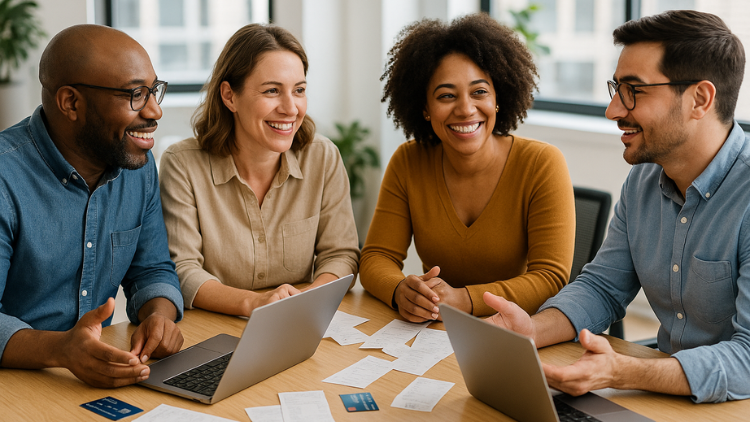 Four colleagues sit around a table with laptops, credit cards, and receipts, smiling while discussing financial planning.