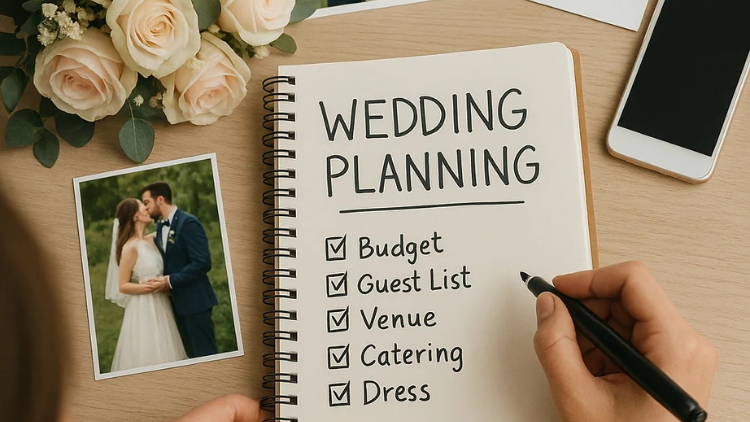 A person writes in a wedding planning notebook with a checklist for budget, guest list, venue, catering, and dress.