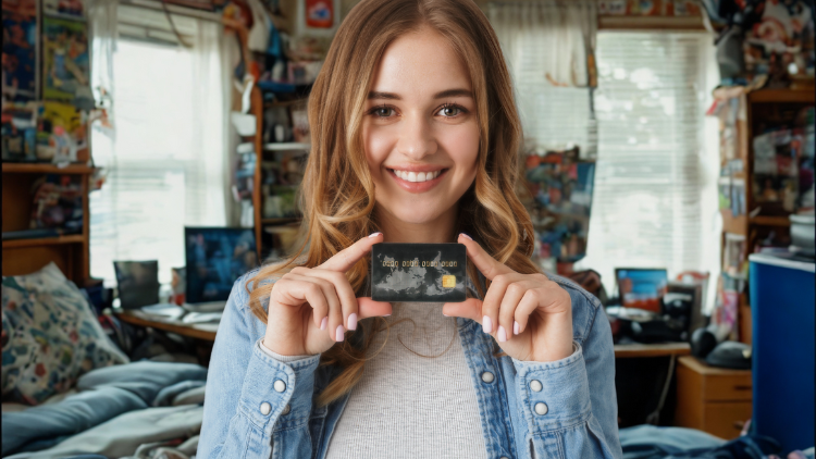 A smiling young woman in a casual denim jacket holds a credit card while standing in a bedroom filled with posters.